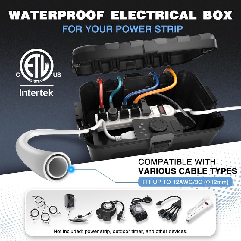 Flemoon Large Outdoor Electrical Box (12.5 x 8.5 x 5 inch), IP54 Waterproof Extension Cord Cover Weatherproof, Protect Outlet, Plug, Socket, Timer, Power Strip, Holiday Light Decoration, Black - Image 2